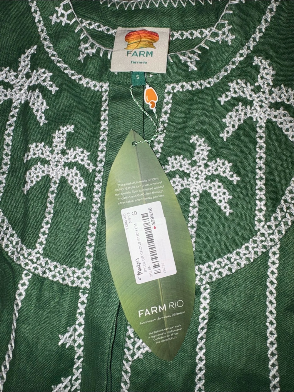 FARM Rio Green Embroidered needlepoint Long-Sleeve Blouse NWT $298 - Picture 3 of 6
